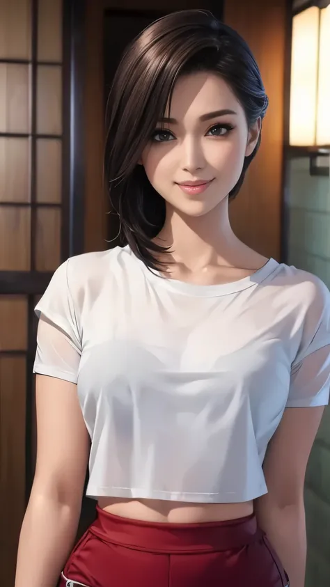 1 Female,Photorealistic,Highest quality,Ultra high definition,8K,Cool Beauty,Beauty,Perfect Style,Wet short-sleeved T-shirt,Hot pants,Round neck,Japanese,smile,looking at the camera,Small breasts,