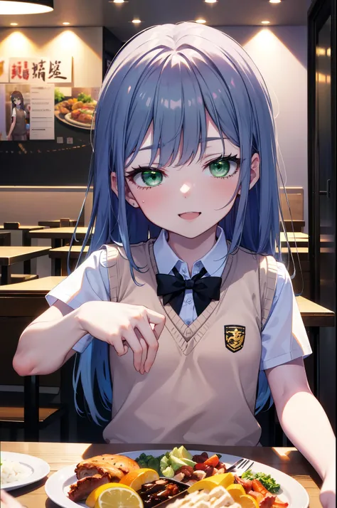 index, index, (Green Eyes:1.5), Blue Hair, Long Hair, (Flat Chest:1.2),tooth,happy smile, smile, Open your mouth, 　　　　　　
White shirt,Sweater vest, (黄色 Sweater vest:1.5),,Short sleeve,Green pleated skirt,black tights,Brown Loafers,There is a lot of food on ...