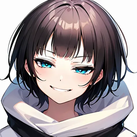 ((1 beautiful girl)), ((solo:1.3)),((blunt bangs)),((black hair)),((Blue eyes)), ((shoulder length hair:1.2,short hair)),16 years old, ((white background:1.3)),((See here)),((head shot)), BREAK (smirk:1.3), 