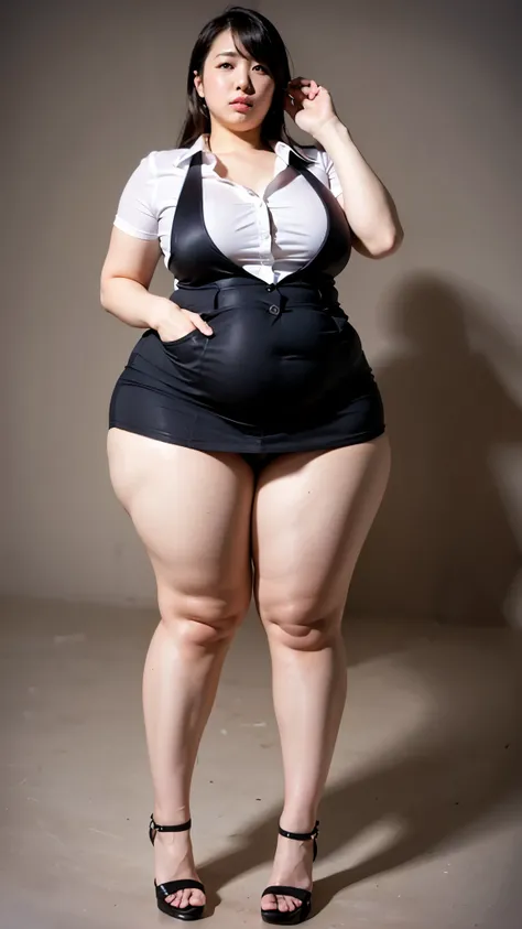 femele, Sexy, Plump Goddess, taken with canon 5d mk4, chubby, Pose Seductive, Plus Size, Mom Size,  hi-school girl, Uniforms, a miniskirt, pupils, 18year old、Full body portrait、Simple white background、High heels、Standing on tiptoes