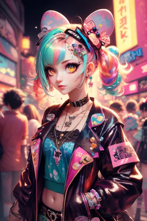 This is a colorful and ornate (masterpiece). Generate a trendy decora woman in the colorful and busy streets of Akihabara, Tokyo. Generate a lovely decora adult woman in the style of Olya Anufrieva on Artstation and Harajuku street fashion. Her clothes are...