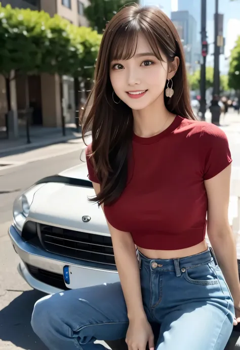 masterpiece, best quality:1.1), (8k, raw photo, photo realistic:1.2, f22), (shiny skin), detailed skin,long hair,detailed face, detailed eyes,smile,BREAK, real world, intricate details, smil, BREAK, 1girl, full body,(,red,short sleeves,pants)BREAK, (car:1....