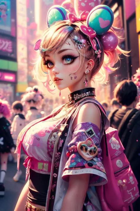 This is a colorful and ornate (masterpiece). Generate a trendy decora woman in the colorful and busy streets of Akihabara, Tokyo. Generate a lovely decora adult woman in the style of Olya Anufrieva on Artstation and Harajuku street fashion. Her clothes are...