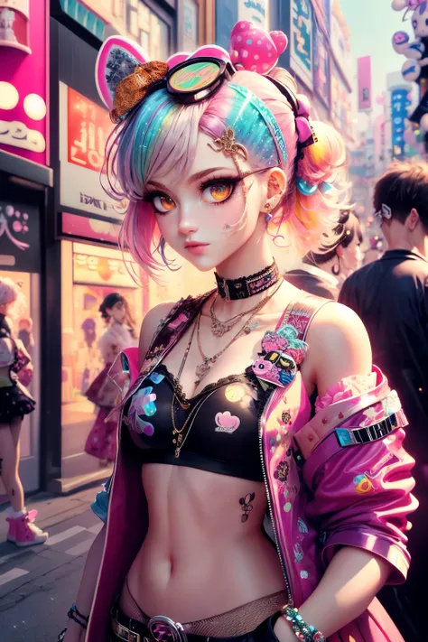 This is a colorful and ornate (masterpiece). Generate a trendy decora woman in the colorful and busy streets of Akihabara, Tokyo. Generate a lovely decora adult woman in the style of Olya Anufrieva on Artstation and Harajuku street fashion. Her clothes are...