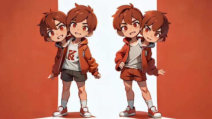 two headed boy, 2heads, full body, shorts, tan skin, red hoodie