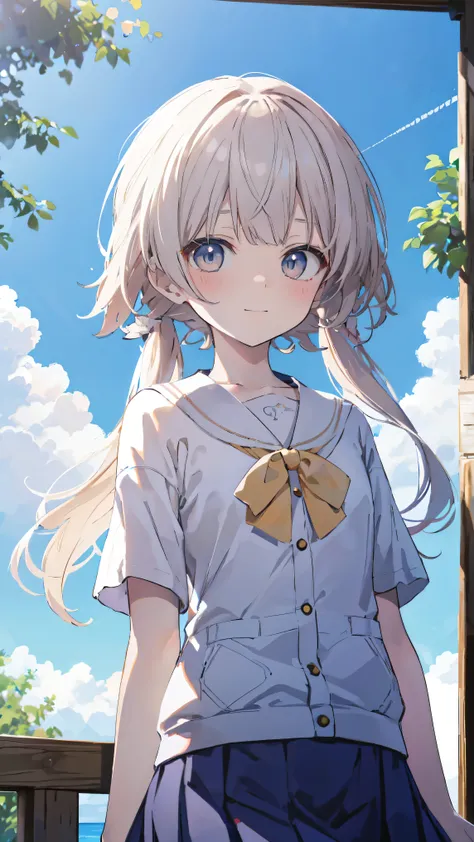 highest quality、Masterpiece、Ultra-high resolution、8k、Summer sky、early summer、((Lori))、(((Petite)))、Smile、((Short sleeve、Short skirt))、1 person、Soft line art、Soft drawing、Beautiful Hair、((Lori))、Detailed facial depiction、The gaze is directed towards us、high...