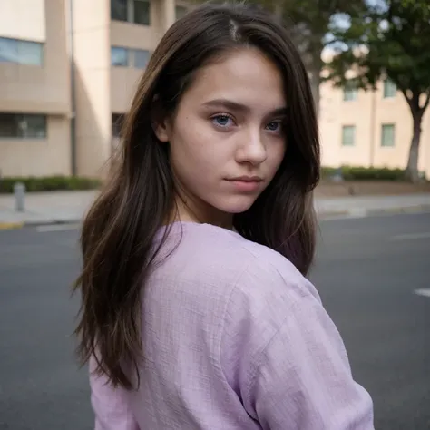 photo of a college student，13 years old, in purple pink, linen coarse cloth, (freckles:0.8) blush，cute face, sci-fi, dystopian, ...