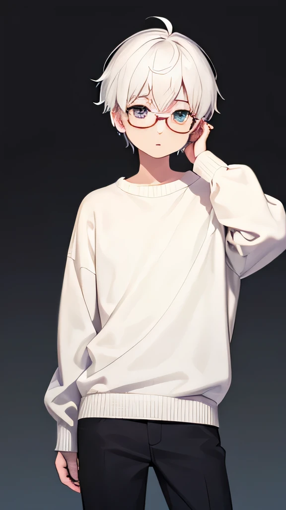 A boy with white hair and a white sweater He has glasses on his head and stands straight.