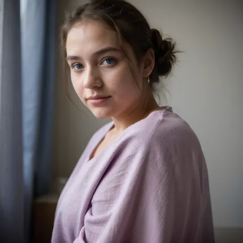 photo of a college student，13 years old, in purple pink, linen coarse cloth, (freckles:0.8) blush，cute face, sci-fi, dystopian, ...