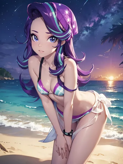 starlight glimmer, wearing a tiny bikini, white sarong, covering her breasts with her hands, leaning forward, sultry gaze, alluring pose, beach, night-time