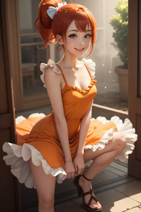 1 girl, Misty Pokemon, Kasumi Pokemon, (red hair), green eyes, gentle light, soft, soft light, delicate, (small breasts), dripping, cum, side ponytail, full body shot, vagina, happy, smile, spread legs, )short orange dress, frilly dress, frills, petticoat)