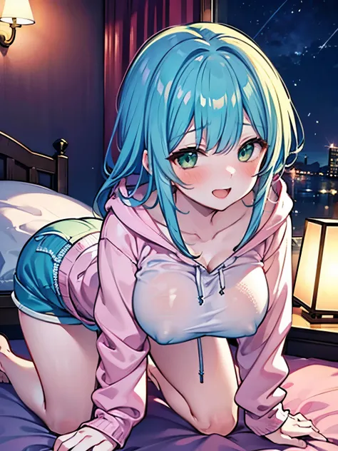 Second Dimension、pretty girl、sister、smile、Open your mouth、Blushing、Green Eyes、Long Hair、Light blue hair、bed、On all fours、Place your hands on the floor、front、Thick thighs、Pink hoodie、head、clavicle、Large Breasts、valley、Shorts、Light blue hair、Dark Room、window...