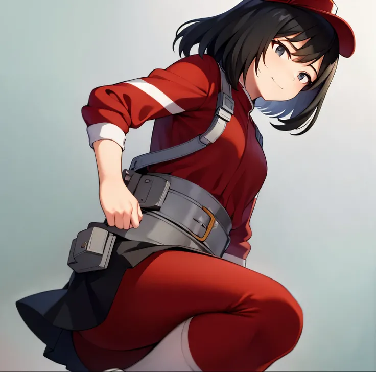 1girl, alone, yui kodai, artwork, black horse, medium hair, black eyes, smiling, embarrassed, closed mouth, teacher, best quality, (peak cap: 1.2), (red and white jumpsuit: 1.2), sleeves long, belt, (red and white pants: 1.2), (white sneakers: 1.2) large b...