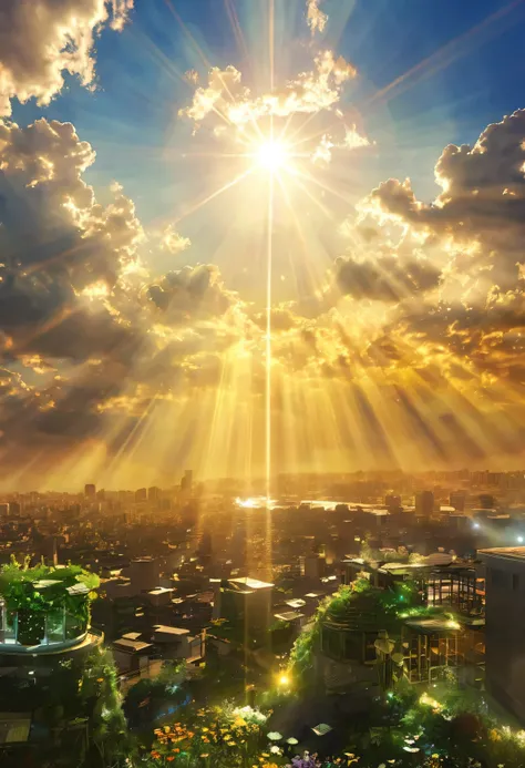 god々Area、A mystical city rising into the sky、Digital Art, The clouds clear and the shining sun appears, On Ascension Day,Golden Sun、Cities in the sky、god々Utopia of、There is one relic。God floating in the air々Our Sky Garden、Lens flare、Angel Ladder、