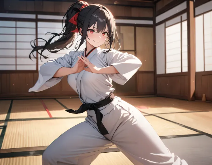 a woman wearing a white karate uniform, standing in a japanese dojo, long black hair, ponytail hair, red eyes, smiling, red bow ...