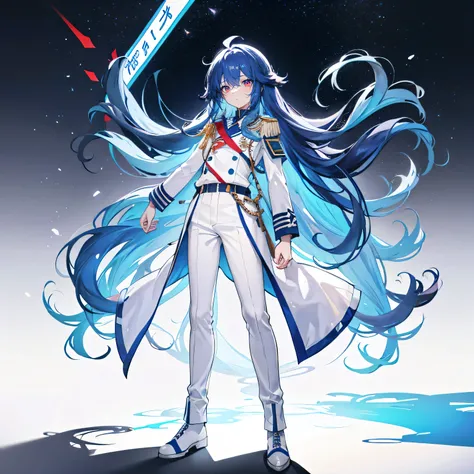 Blue long hair，Curly Hair，Ahoge，White Uniform，student，boots，whole body，Standing with arms crossed，Please make the background transparent，boy，White trousers，Red eye color