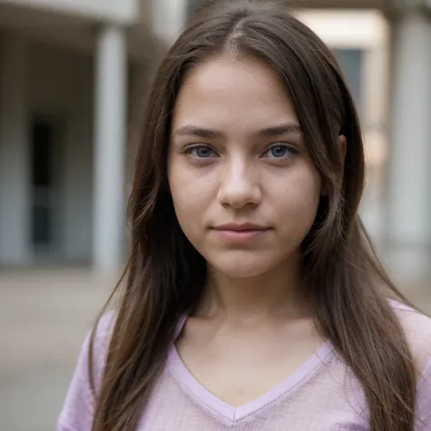 photo of a college student，9 years old, in purple pink, linen coarse cloth, (freckles:0.8) blush，cute face, sci-fi, dystopian, d...