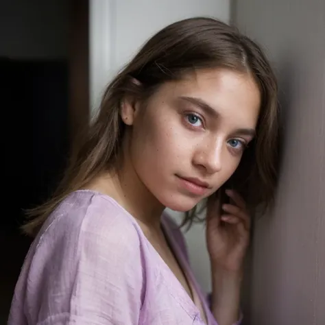 photo of a college student，9 years old, in purple pink, linen coarse cloth, (freckles:0.8) blush，cute face, sci-fi, dystopian, d...