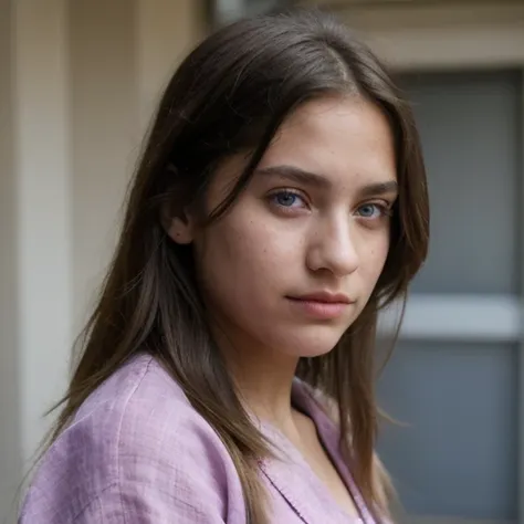 photo of a college student，9 years old, in purple pink, linen coarse cloth, (freckles:0.8) blush，cute face, sci-fi, dystopian, d...