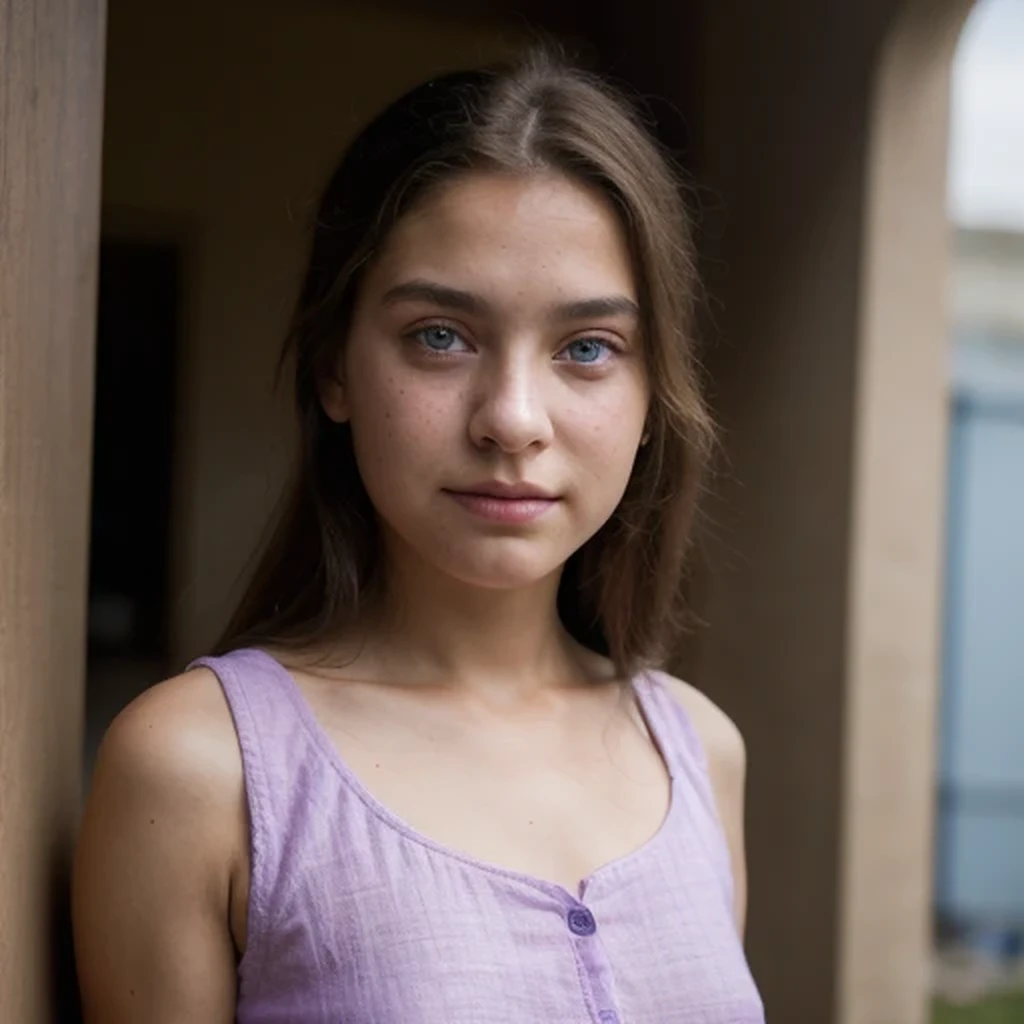 photo of a college student，9 years old, in purple pink, linen coarse cloth, (freckles:0.8) blush，cute face, sci-fi, dystopian, d...