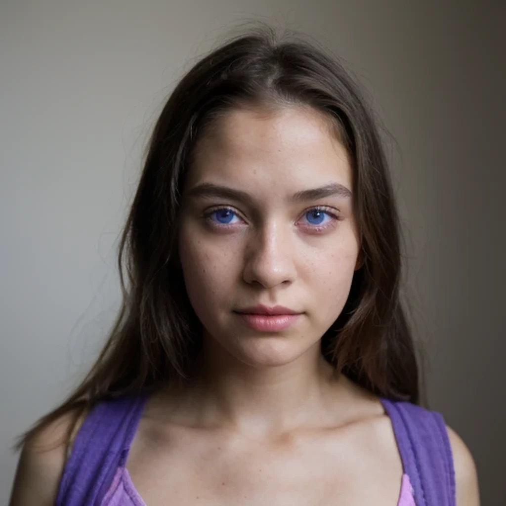 photo of a college student，9 years old, in purple pink, linen coarse cloth, (freckles:0.8) blush，cute face, sci-fi, dystopian, d...