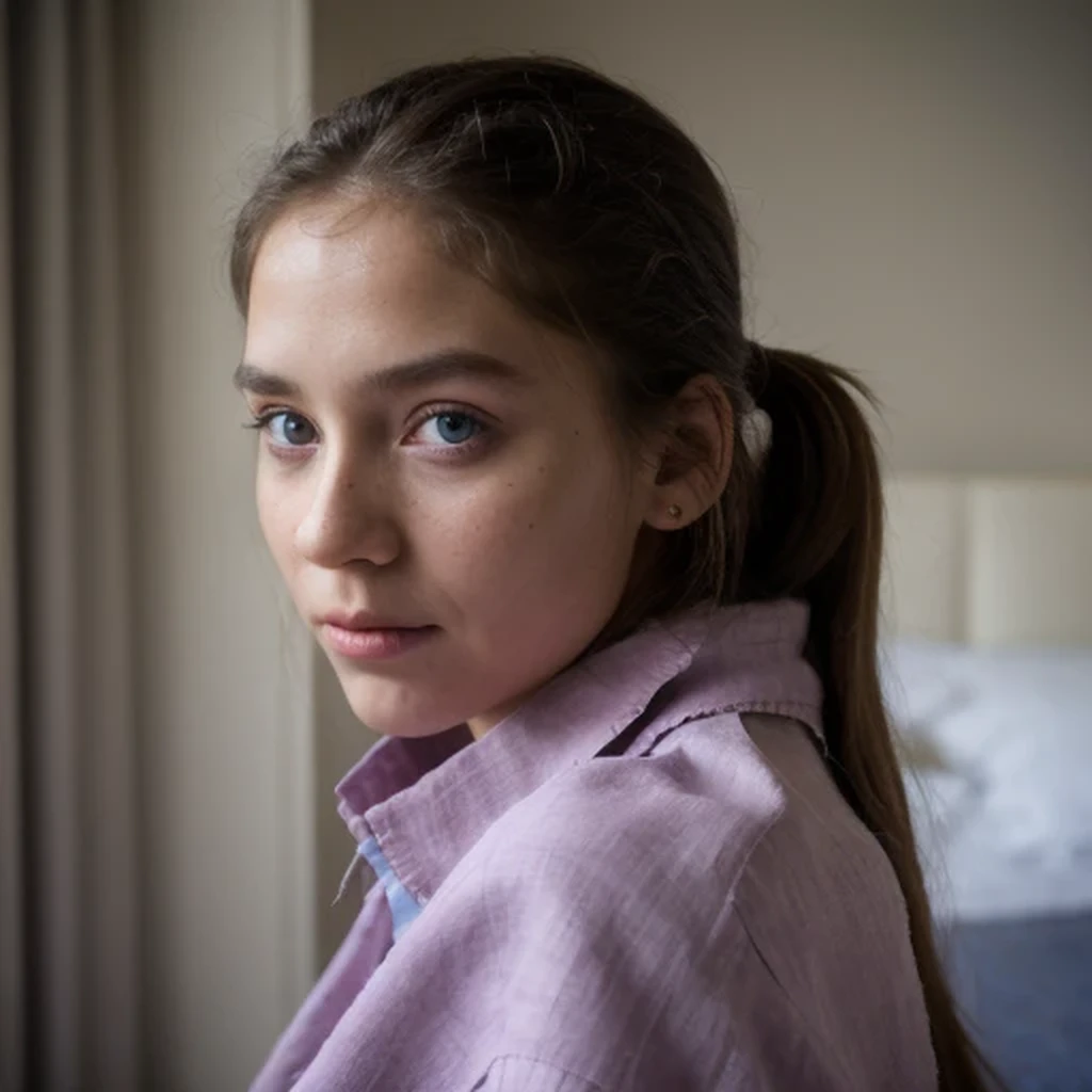 photo of a college student，9 years old, in purple pink, linen coarse cloth, (freckles:0.8) blush，cute face, sci-fi, dystopian, d...