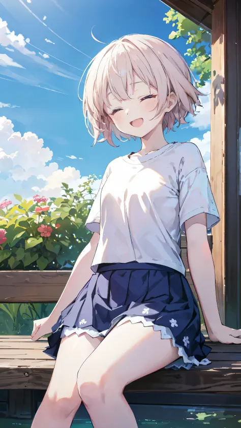 highest quality、Masterpiece、Ultra-high resolution、8k、Summer sky、early summer、((Lori))、(((Petite)))、Dynamic pose、Look this way、Eyes closed, open mouth smile、((Short sleeve、Short skirt))、1 person、Soft line art、Soft drawing、Beautiful Hair、Thighs、Sitting