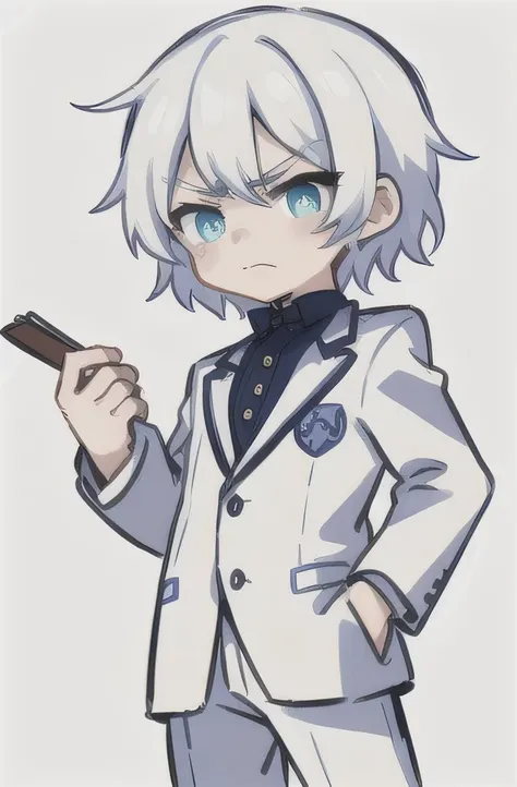 there is a boy( 18 years old ) Disciplined White hair, wearing a white suit Always frowning