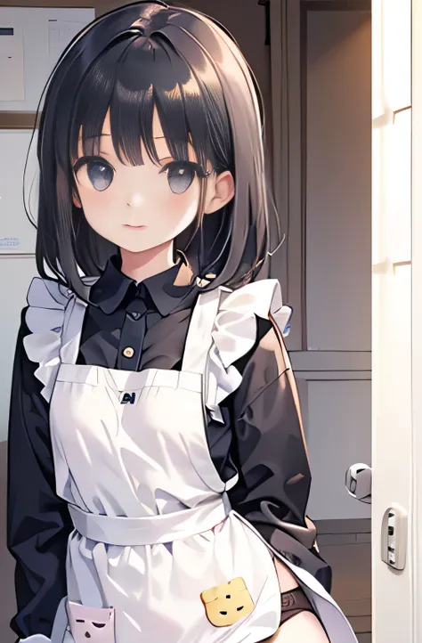 Girls under 6 years old, apron dress, small breasts, patterned cotton panties, black tights, fabric realistic, black hair, no jacket