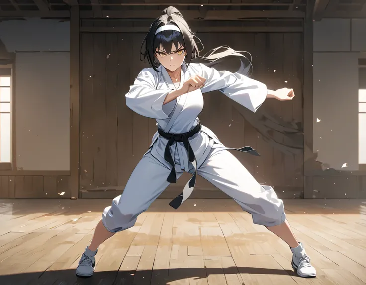 A woman wearing a white karate uniform, black belt around her waist, long black hair, yellow eye, ponytail hair, with white headband, with fighting stance, in a dojo, standing, serious face, full body,drop shadow, atmospheric perspective, bloom, 8k, super ...