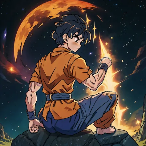 Prompts
Copy
Gokus on top of a large stone, Olhando para o horizonte, orange shirt and pants, night and starry sky, bright stars in the sky, back vision sad
INFO
