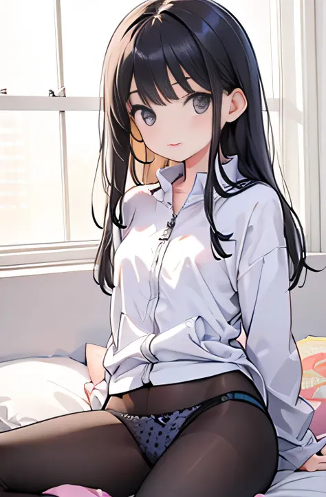 Girls under 4 years old, plain clothes, small breasts, patterned cotton panties, black tights, fabric realistic, black hair, no jacket