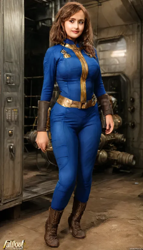 ella purnell fallout costume, wide hips, pants, beautiful legs, hottie, seducing, barefoot, feet, standing, tight costume, big b...