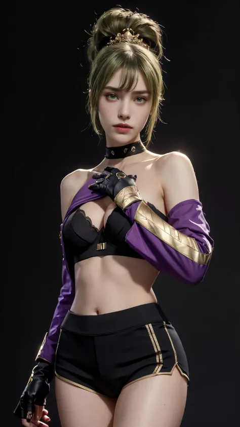 8K, Top Quality, Intricate Details, Ultra Detail, Ultra High Resolution, Masterpiece, close up shot, Slender,, ((Full body )), (Makeup: 0.4), (), , looking at viewer, ((full body)), 1girl, solo, 1 girl, ((armor, bare shoulders, black gloves, cropped jacket...