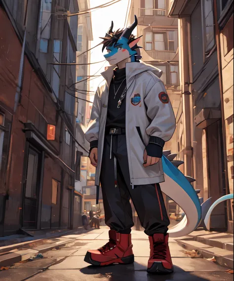 dragon, wearing a gray jacket, red sneakers, gray pants, standing, playing on the cell phone, serious face expression