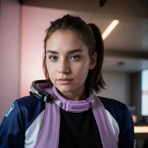 photo of a college student，16 years old, in Purple Pink, futuristic space suit, (freckles:0.8) cute face, sci-fi, dystopian, detailed eyes, cobalt blue eyes（（Side view））bar