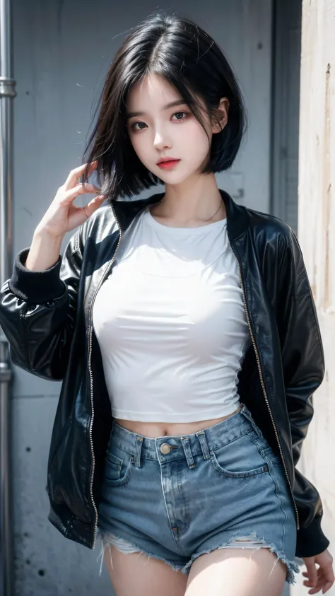 best quality, 1 Girl, dark blue hair, black eyes, Very short hair, Spiky hair, t-shirt, white jacket , High waist jeans, 171 cm, Messy hair, Hair between the eyes, Medium breasts, full, Tomboy, aldult, 20 years old, 1 Girl