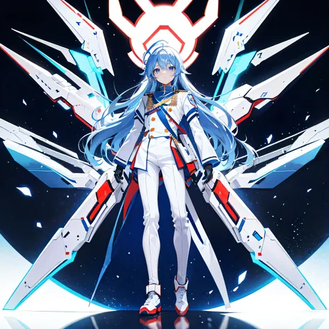 Blue long hair，Ahoge，White Uniform，student，boots，whole body，Standing with his arms crossed，The background is white，boy，White trousers，Red eye color，Mecha