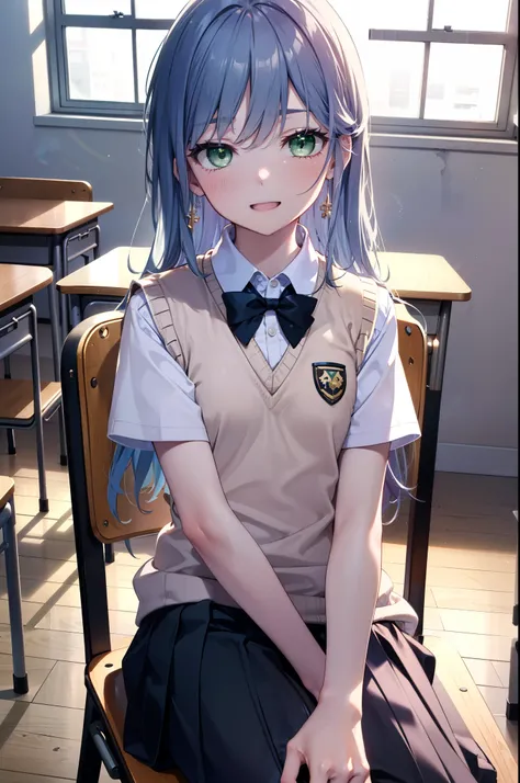 index, index, (Green Eyes:1.5), Blue Hair, Long Hair, (Flat Chest:1.2),tooth,happy smile, smile, Open your mouth, Resting his chin on his hand,　　　　　　
White shirt,Sweater vest, (黄色 Sweater vest:1.5),,Short sleeve,Green pleated skirt,black tights,Brown Loafe...