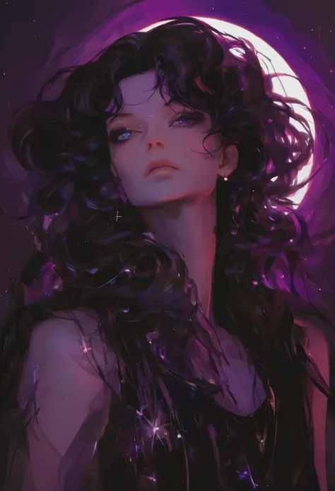 （（dark tones）），in this scene, a woman with an elfin chin and deep-set eyes stands amidst a chaotic fusion of purple and black hu...