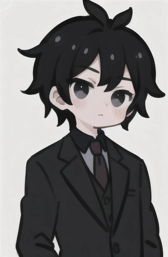 A boy with black hair and black eyes, wearing a cheap suit.