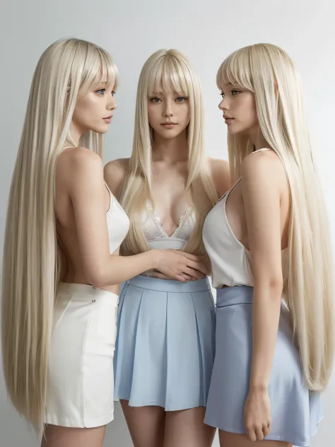 (Full body shot of three identical twins :1.3)　(Photograph three people in the same pose from the front:2.0)　(The three of them look like clones.., Wear the same clothes、Take the same pose　Physically identical)　　(Pure white wall background:1.8. Upper body ...