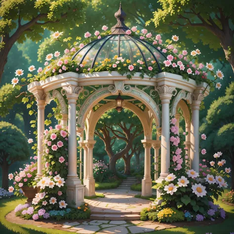 there is a gazebo，full of flowers and vines, royal garden background, beautiful depiction of a fairy tale, , beautiful high reso...