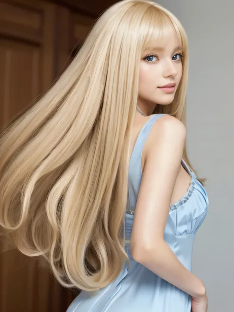 (Pure white wall background:1.8. Upper body photo from the knees up)　((Random poses, exposing as much of the dress as possible, Keep your back and hair as clean as possible.:1.5))　((Her hair is incredibly straight.:1.5))　((Beautiful model with long blonde ...