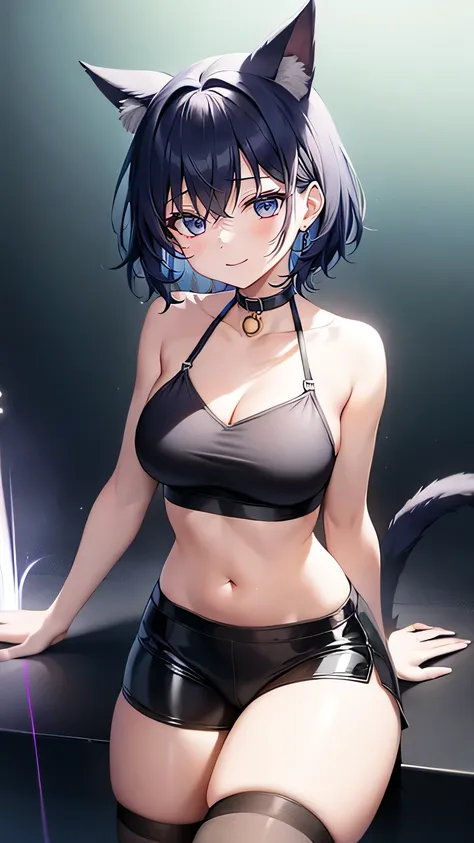 1girl, cat ears, short hair, blue hair, pony tail, short waist leggings, exposed stomach, loose blouse, string straps, shoulders, outer space, laser eyes, rocket feet, smile, stars, cosmic, high quality, best quality, masterpiece, beautiful, 