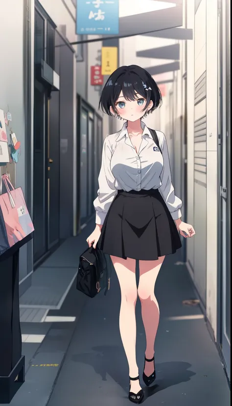 One Girl、positive、Standing posture、Full body portrait、Black Hair、Medium Haircut、blush、Absolute area、Black knee-high socks、Knee-length、stockings、Black Pantyhose、White underwear、Light blue shirt、Blue-gray business suit、Grey tight mini skirt、Japanese office l...