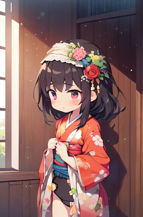 Girls under 5 years old, height up to 100, kimono, small breasts, patterned cotton panties, fabric realistic, black hair, no jacket, restraint