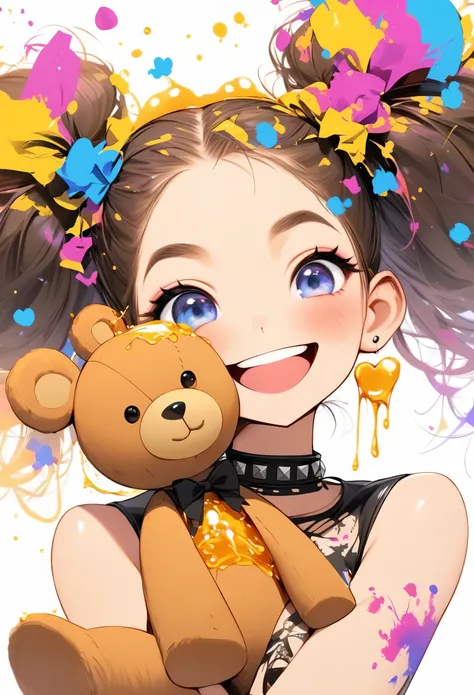 （implications：1.3）teddy bear and smiling girl with open mouth,draw with colorful ink,punk style,innocent teddy bear,the four bea...