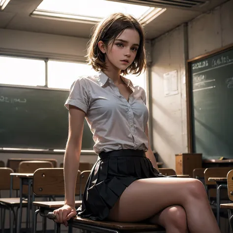 teen emma watson as a sexy  sitting on a fence. tight intricate . slender body. classroom. day. background blackboard. pleated skirt.