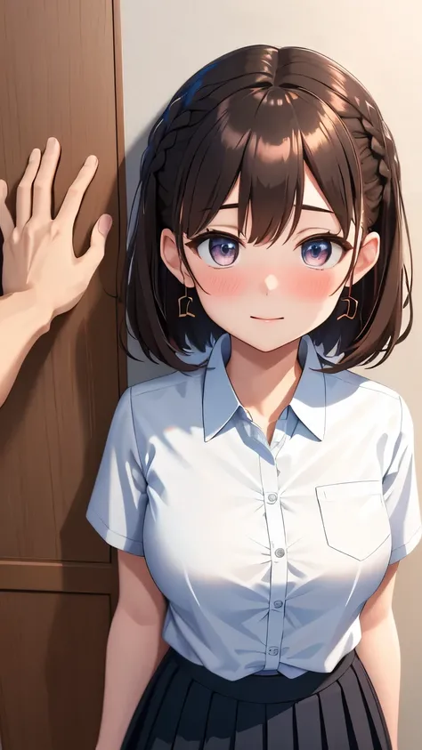 (best quality), 1girl and 1boy, (kabedon pov:1.3), ultra-detailed, illustration, masterpiece, aichan, beautiful detailed eyes, short brown hair, side braid, white shirt, black pleated skirt, blush, large breasts, school